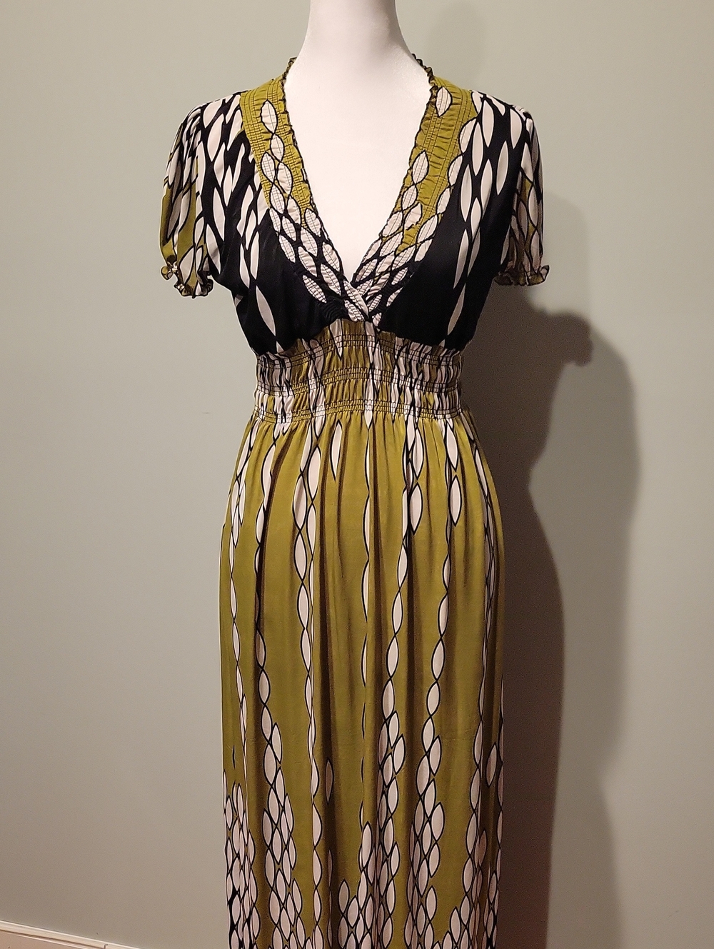 Olive & Black Printed Maxi Dress - Classic V-Neck Smocked Waist